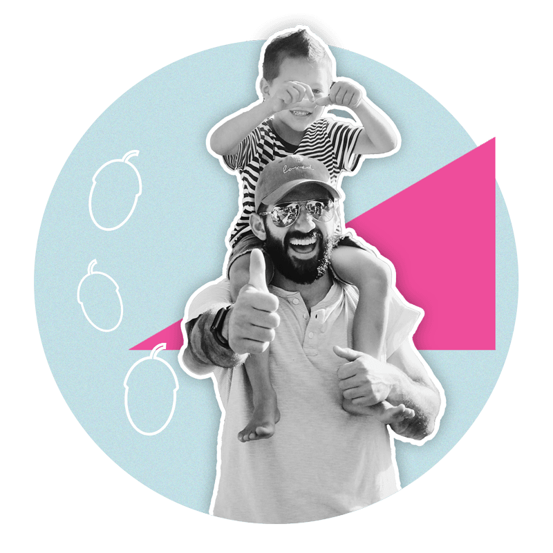 Dad with son sitting on shoulders, thumbs up