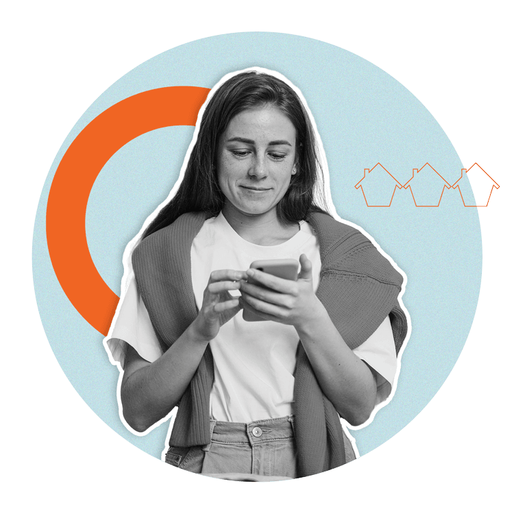 Girl smiling while looking at phone about low deposit home loan options